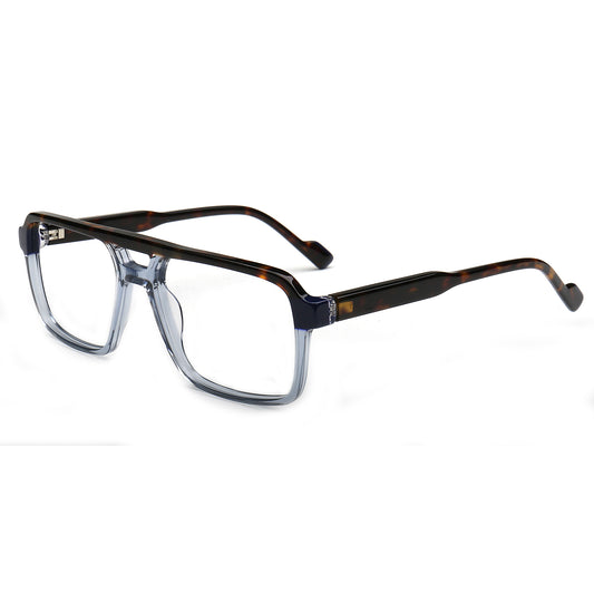 Chase blue and tortoise square acetate eyeglasses, three-quarter view
