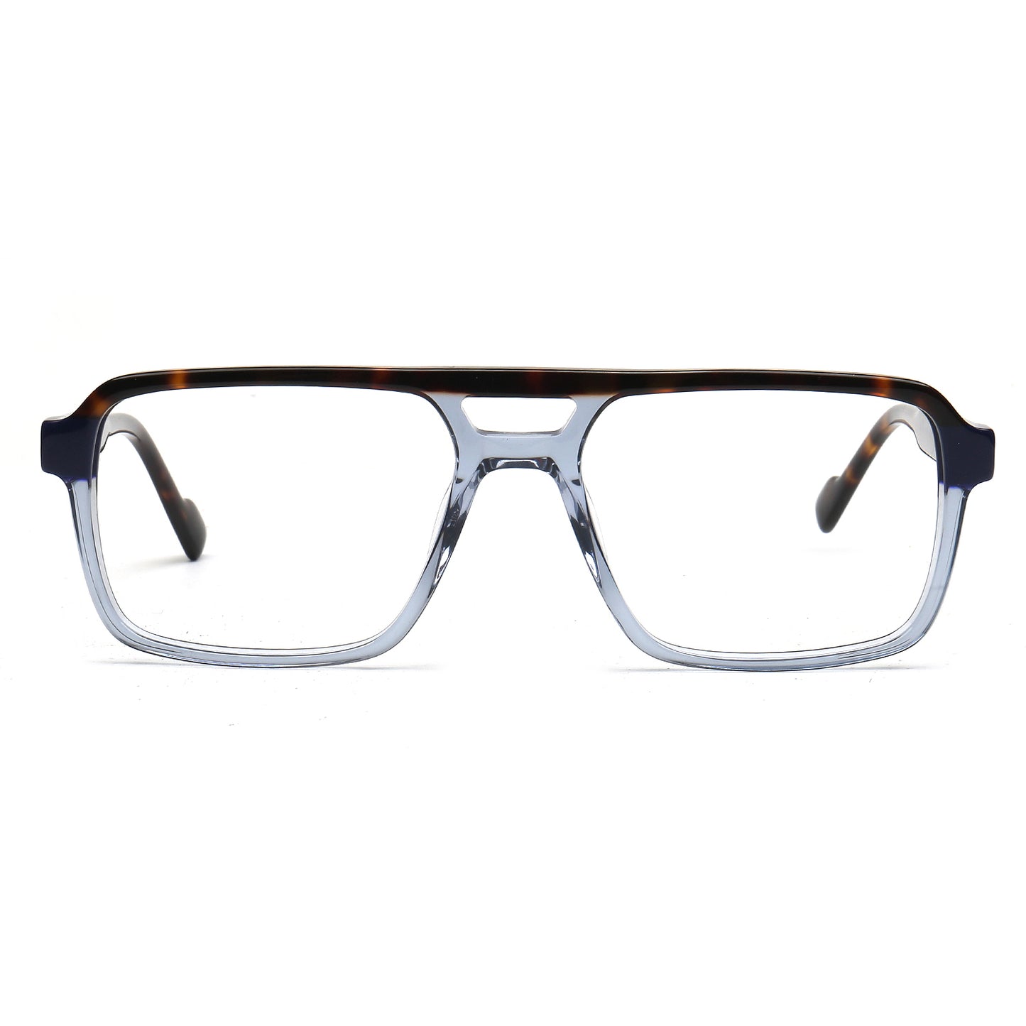 Rectangular eyeglasses with a translucent smoky gray-blue front frame, dark tortoiseshell brow bar, and dark temple tips, shown on a plain white background.