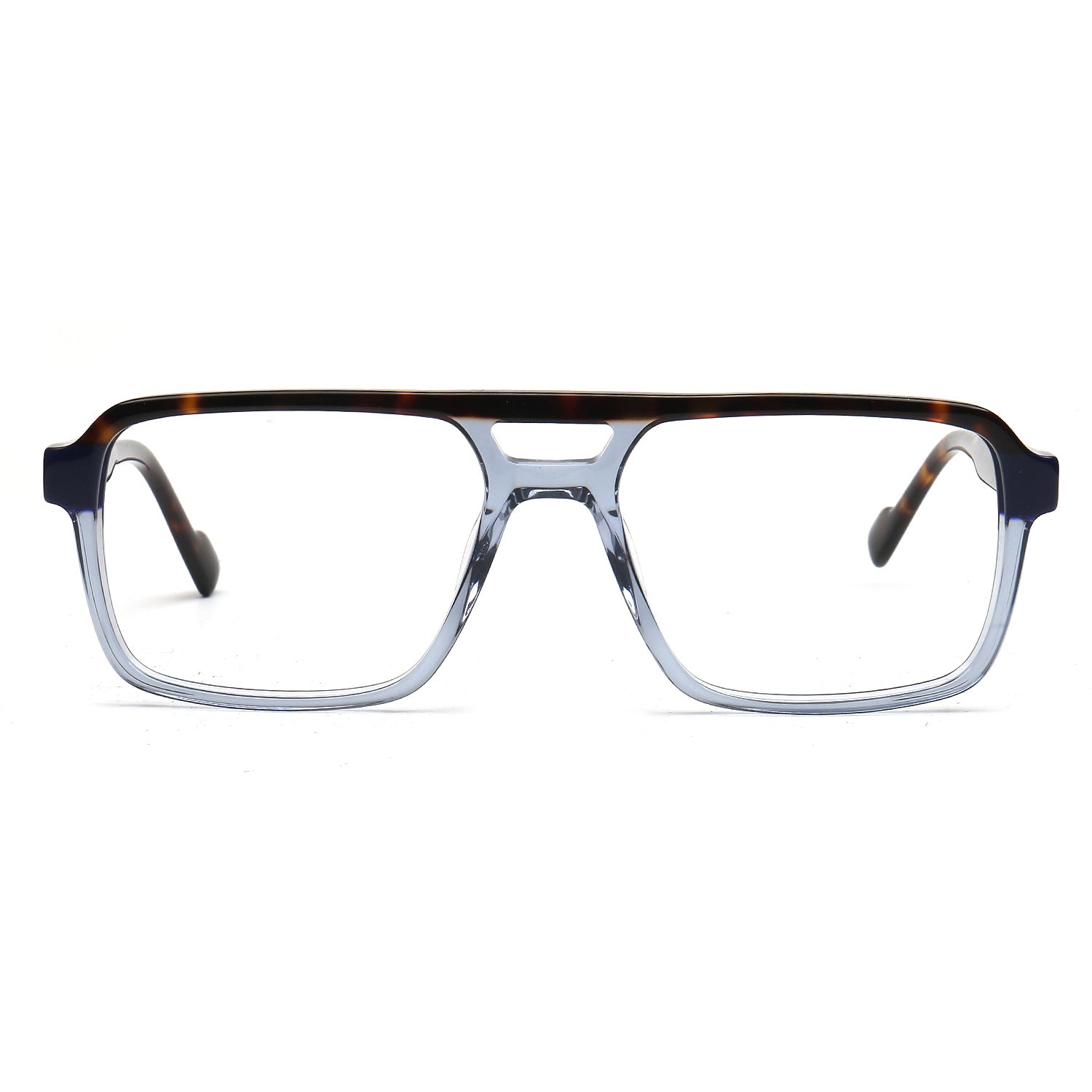 Rectangular eyeglasses with a translucent smoky gray-blue front frame, dark tortoiseshell brow bar, and dark temple tips, shown on a plain white background.