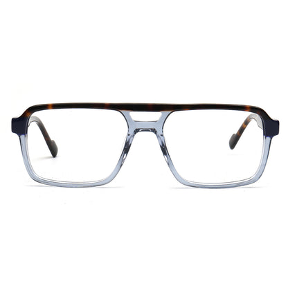 Rectangular eyeglasses with a translucent smoky gray-blue front frame, dark tortoiseshell brow bar, and dark temple tips, shown on a plain white background.