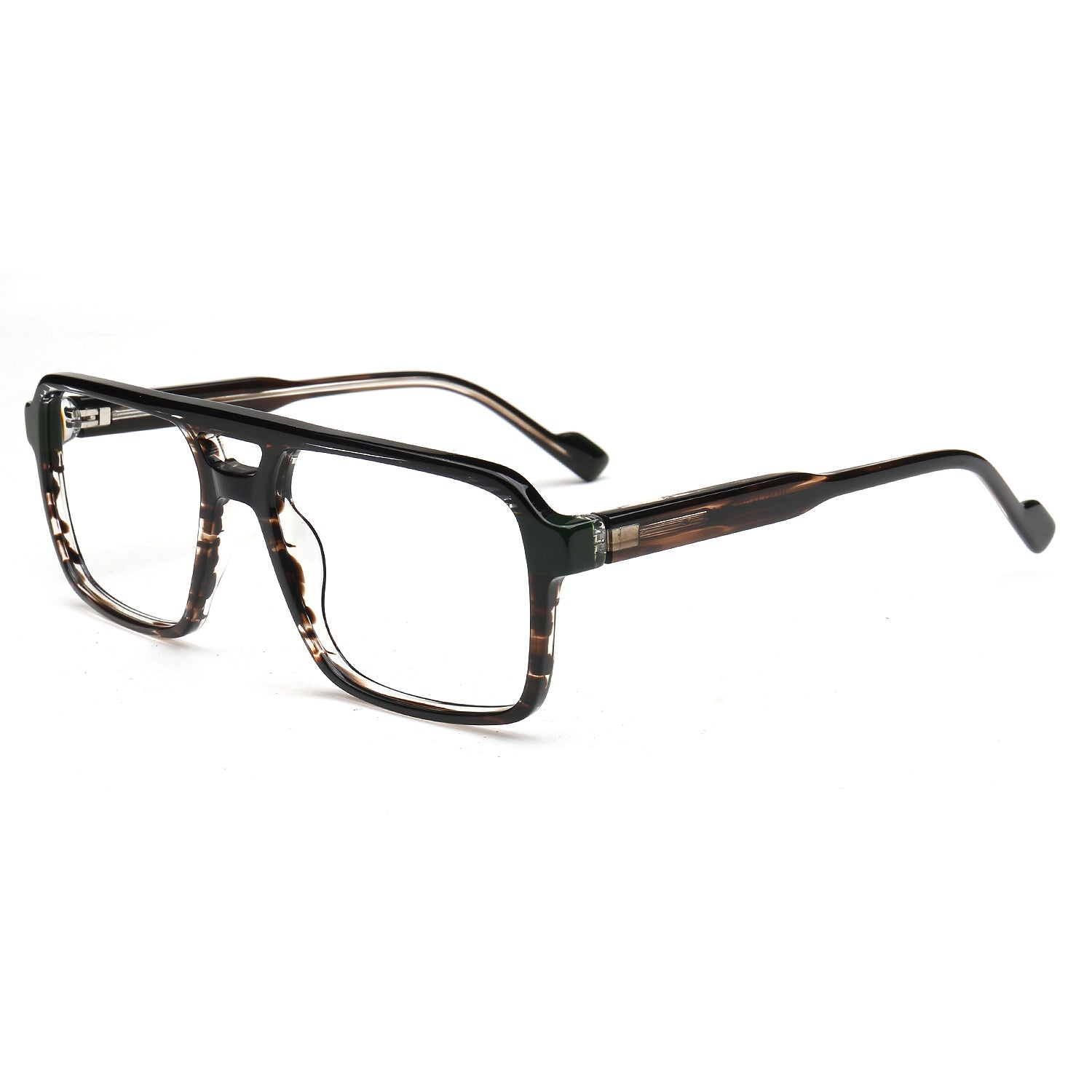Rectangular eyeglasses with a glossy black brow bar and tortoiseshell-patterned temples on a white background.