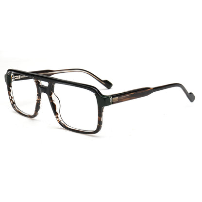 Rectangular eyeglasses with a glossy black brow bar and tortoiseshell-patterned temples on a white background.