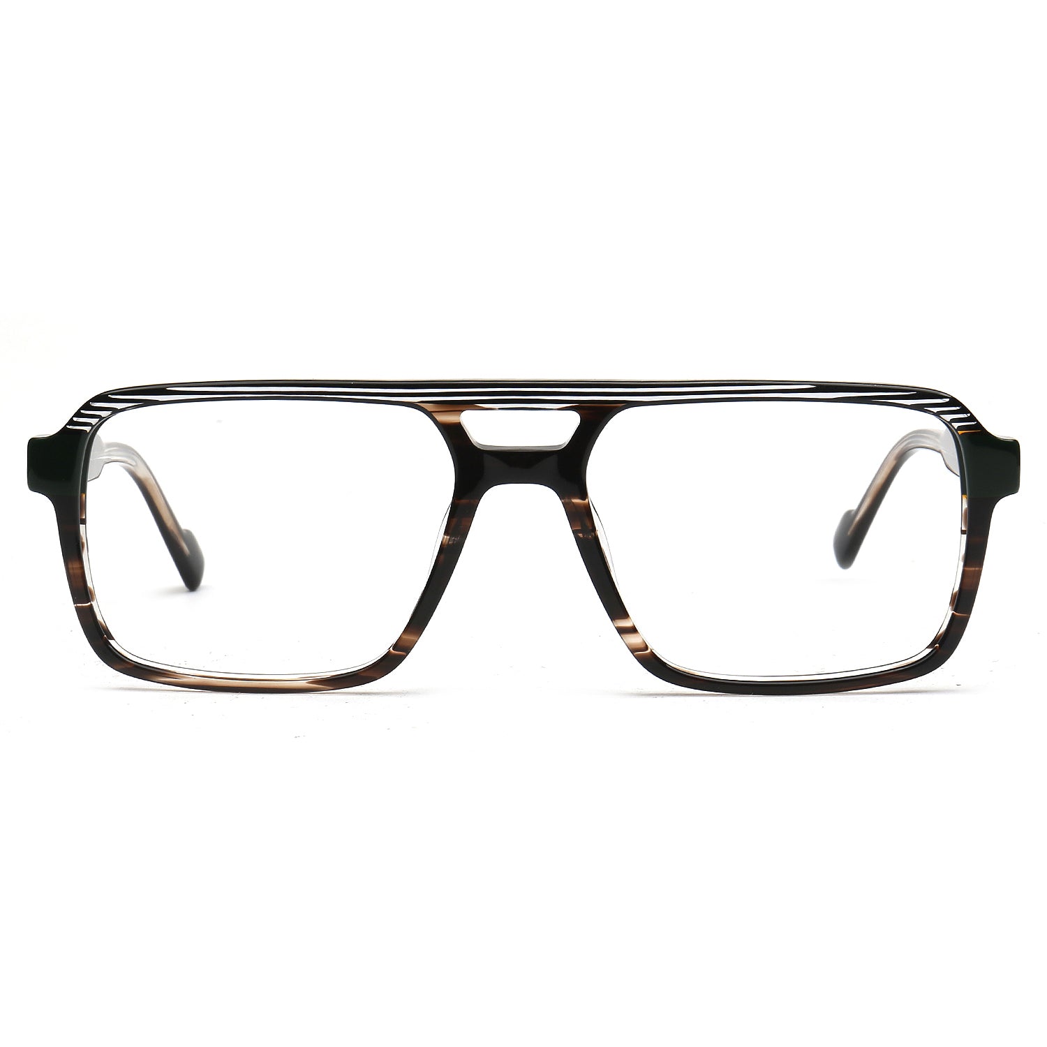 A pair of oversized square eyeglasses with a thick black and brown tortoiseshell acetate frame, shown from the front on a solid white background.