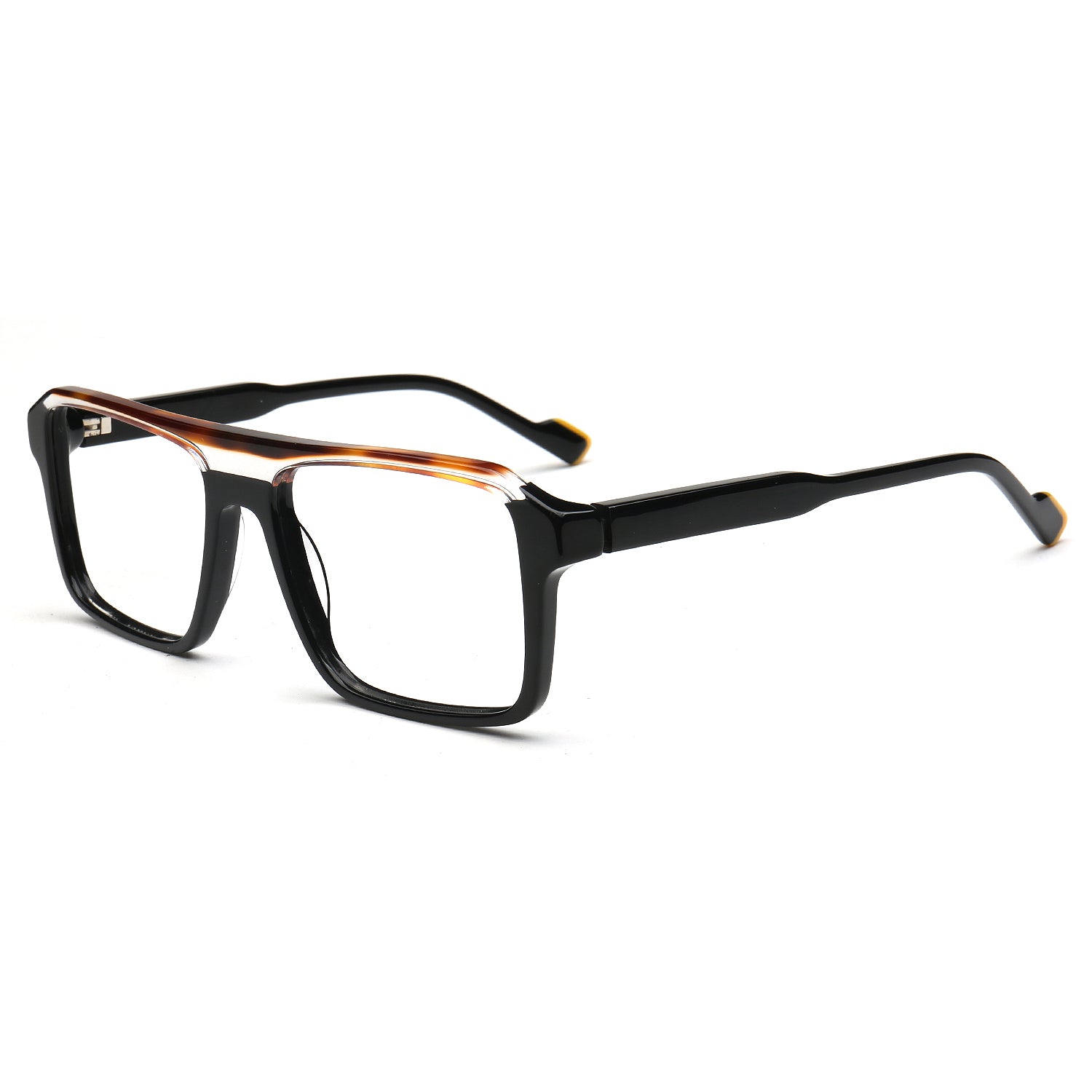 Rectangular eyeglasses with a glossy black frame, a tortoiseshell double bridge, and clear lenses, shown on a plain white background.