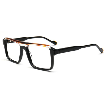 Rectangular eyeglasses with a glossy black frame, a tortoiseshell double bridge, and clear lenses, shown on a plain white background.