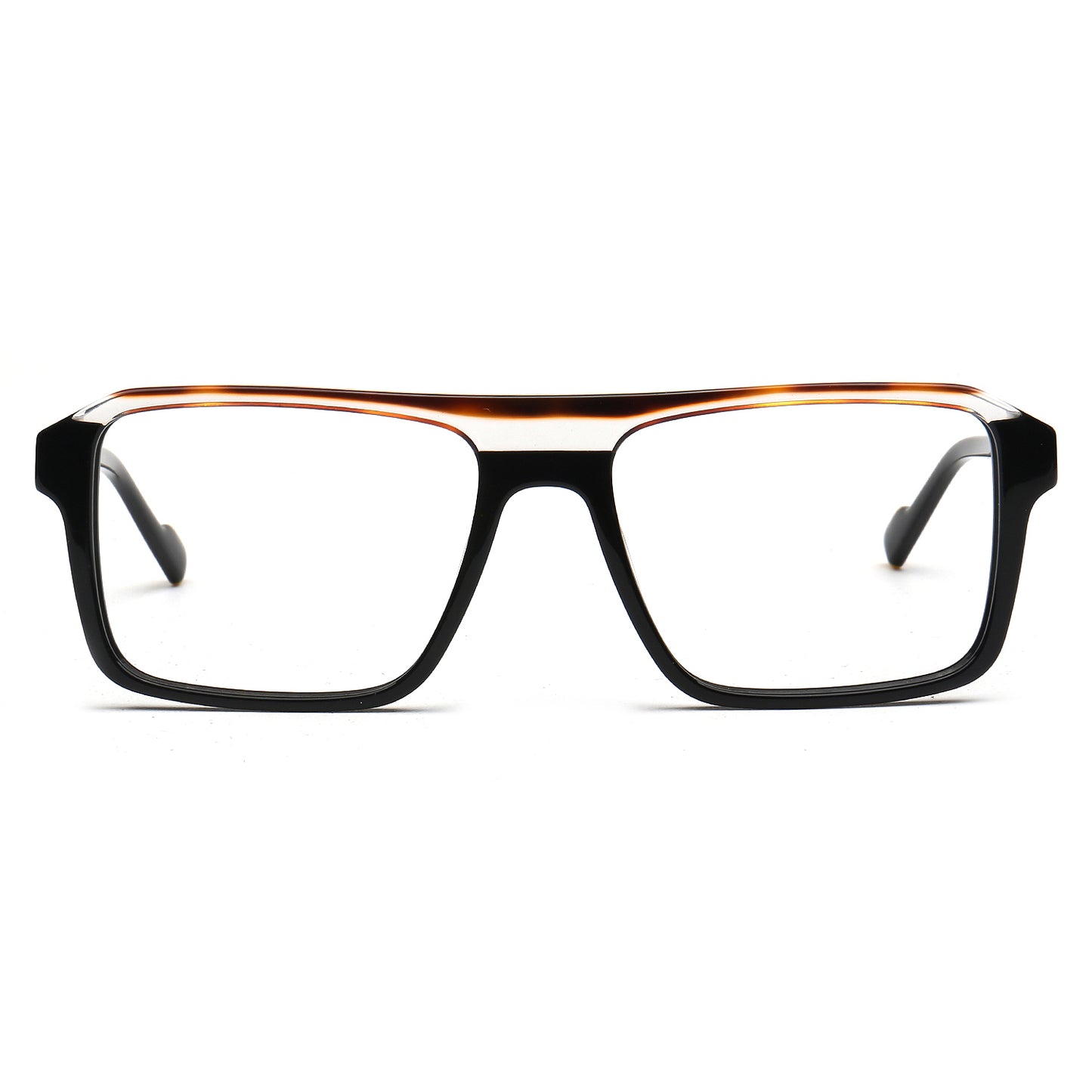 Rectangular eyeglasses with a thick black front frame and a thin double bridge in a warm brown tortoiseshell pattern, shown against a plain white background.