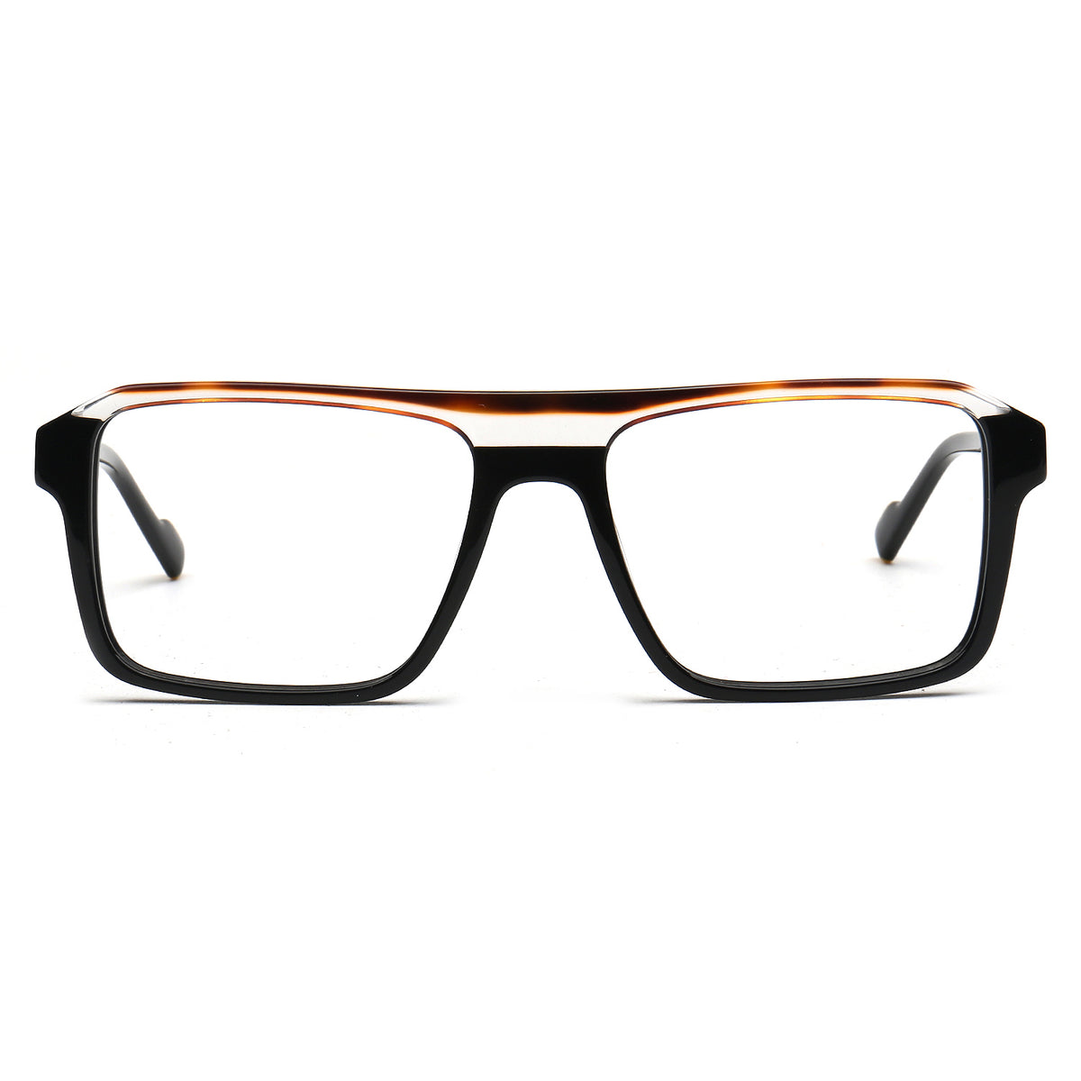 Rectangular eyeglasses with a thick black front frame and a thin double bridge in a warm brown tortoiseshell pattern, shown against a plain white background.