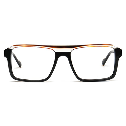 Rectangular eyeglasses with a thick black front frame and a thin double bridge in a warm brown tortoiseshell pattern, shown against a plain white background.