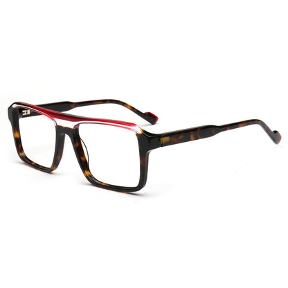 Rectangular eyeglasses with a tortoiseshell acetate frame, featuring a bold red accent stripe running across the bridge and temples, set against a plain white background.