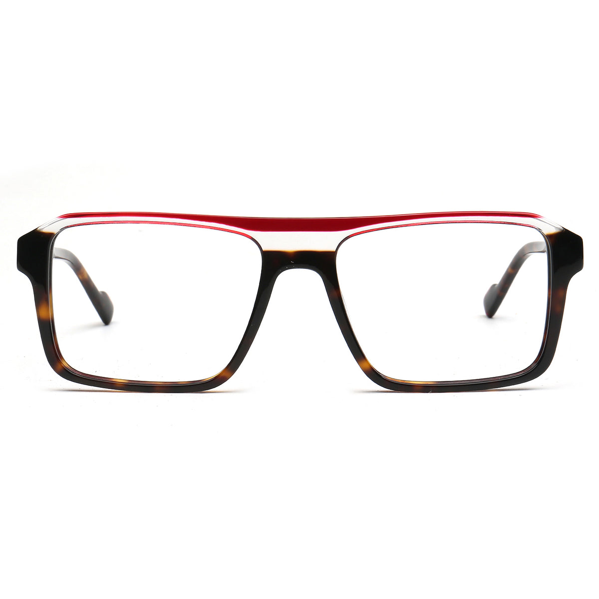 Rectangular eyeglasses with a glossy red top bar, dark brown tortoiseshell lower frame, and clear lenses, shown against a plain white background.