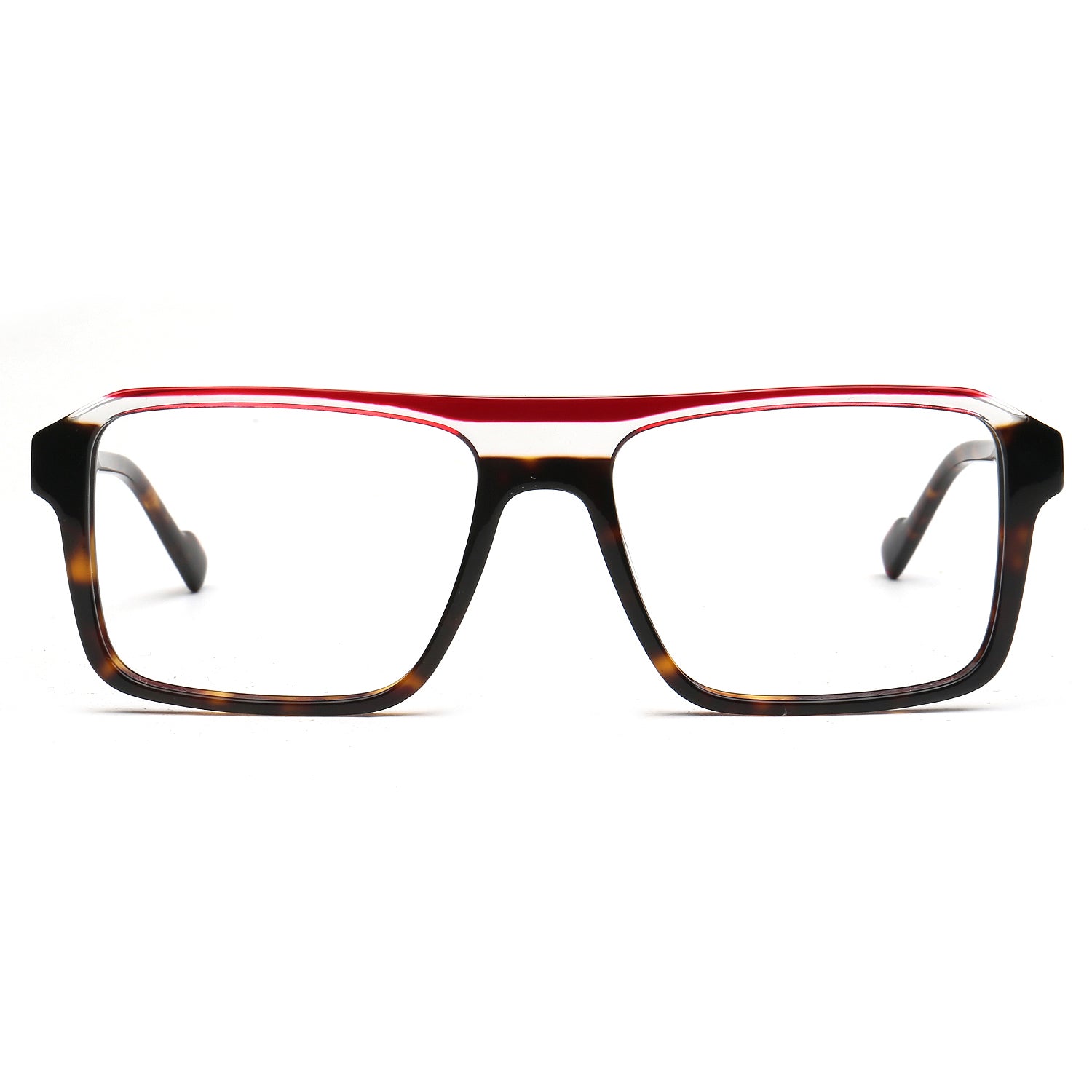 Rectangular eyeglasses with a glossy red top bar, dark brown tortoiseshell lower frame, and clear lenses, shown against a plain white background.