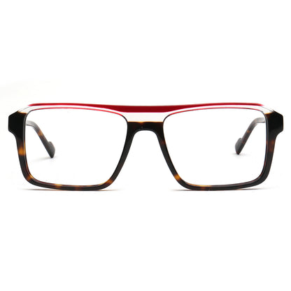 Rectangular eyeglasses with a glossy red top bar, dark brown tortoiseshell lower frame, and clear lenses, shown against a plain white background.
