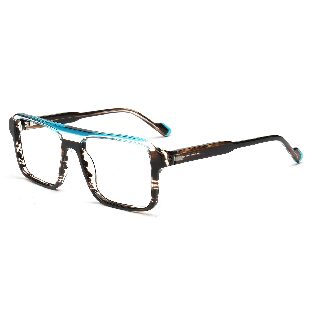 A pair of square-frame eyeglasses with a marbled black and brown acetate front, a translucent blue top bridge, and tortoiseshell-patterned temples with blue tips, shown on a white background.