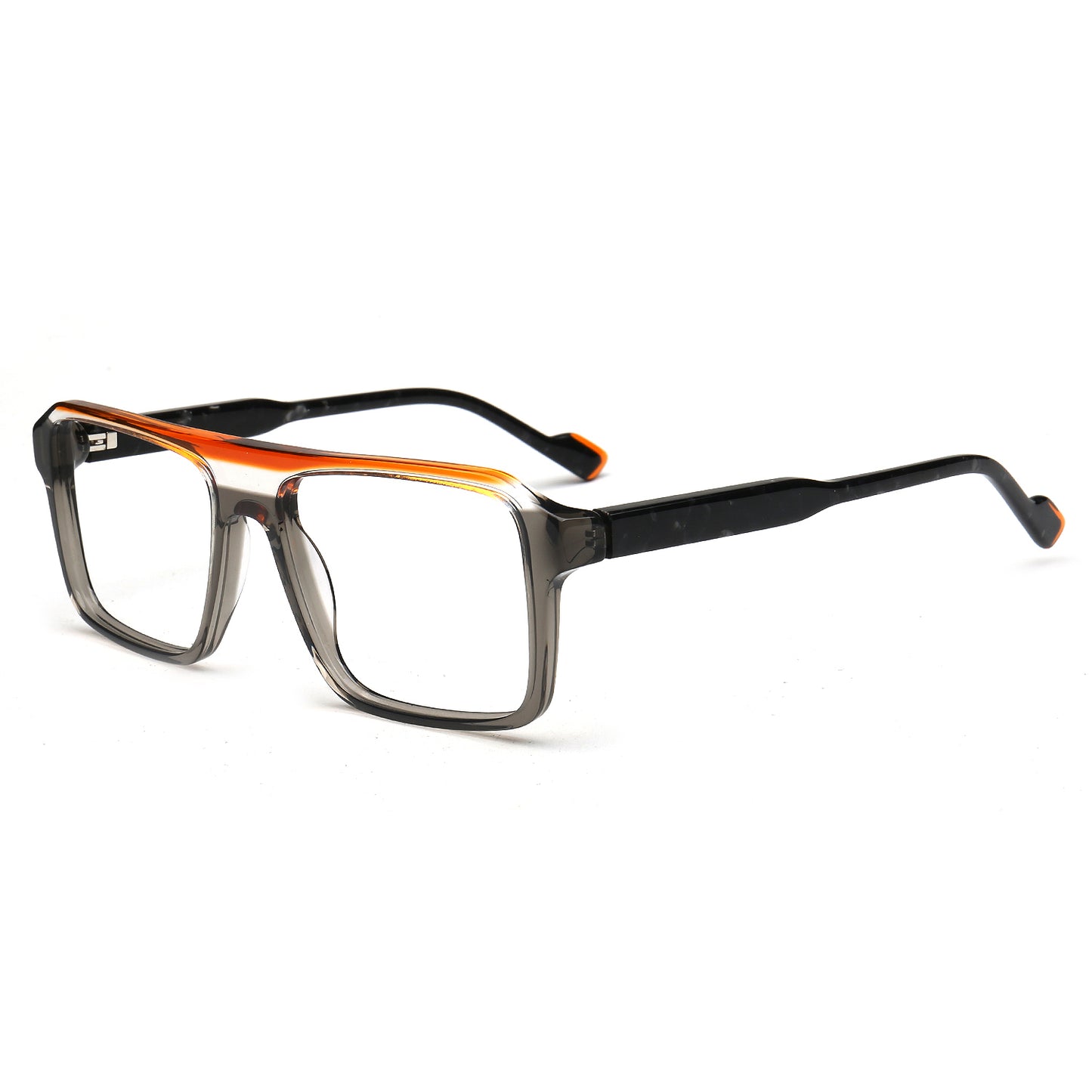 Rectangular eyeglasses with a translucent smoky gray front, a double bridge featuring orange and black sections, and black temples with orange tips, shown on a white background.