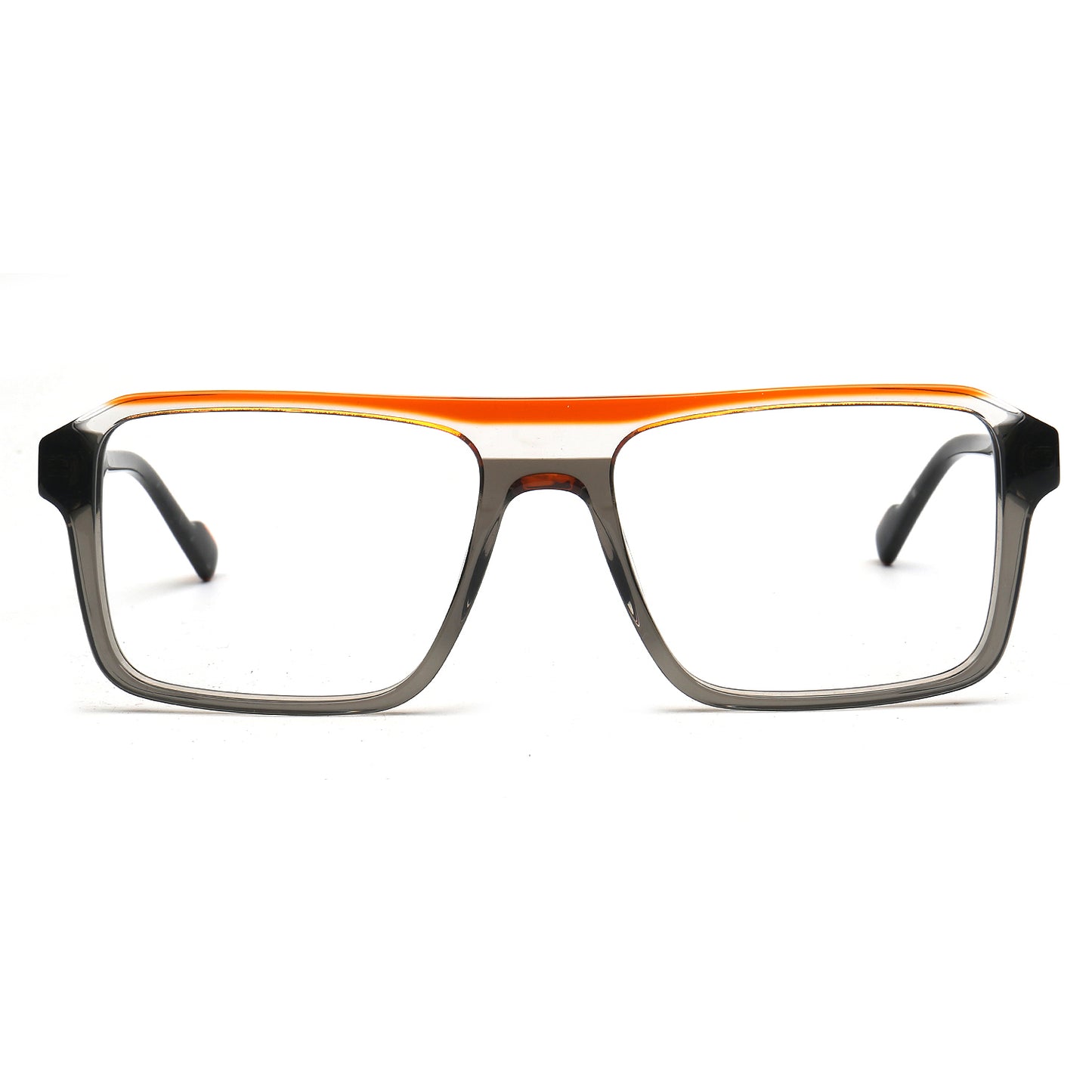 A pair of square-frame eyeglasses with a translucent dark gray acetate body, a vibrant orange top bridge bar, and black temple tips, shown against a plain white background.