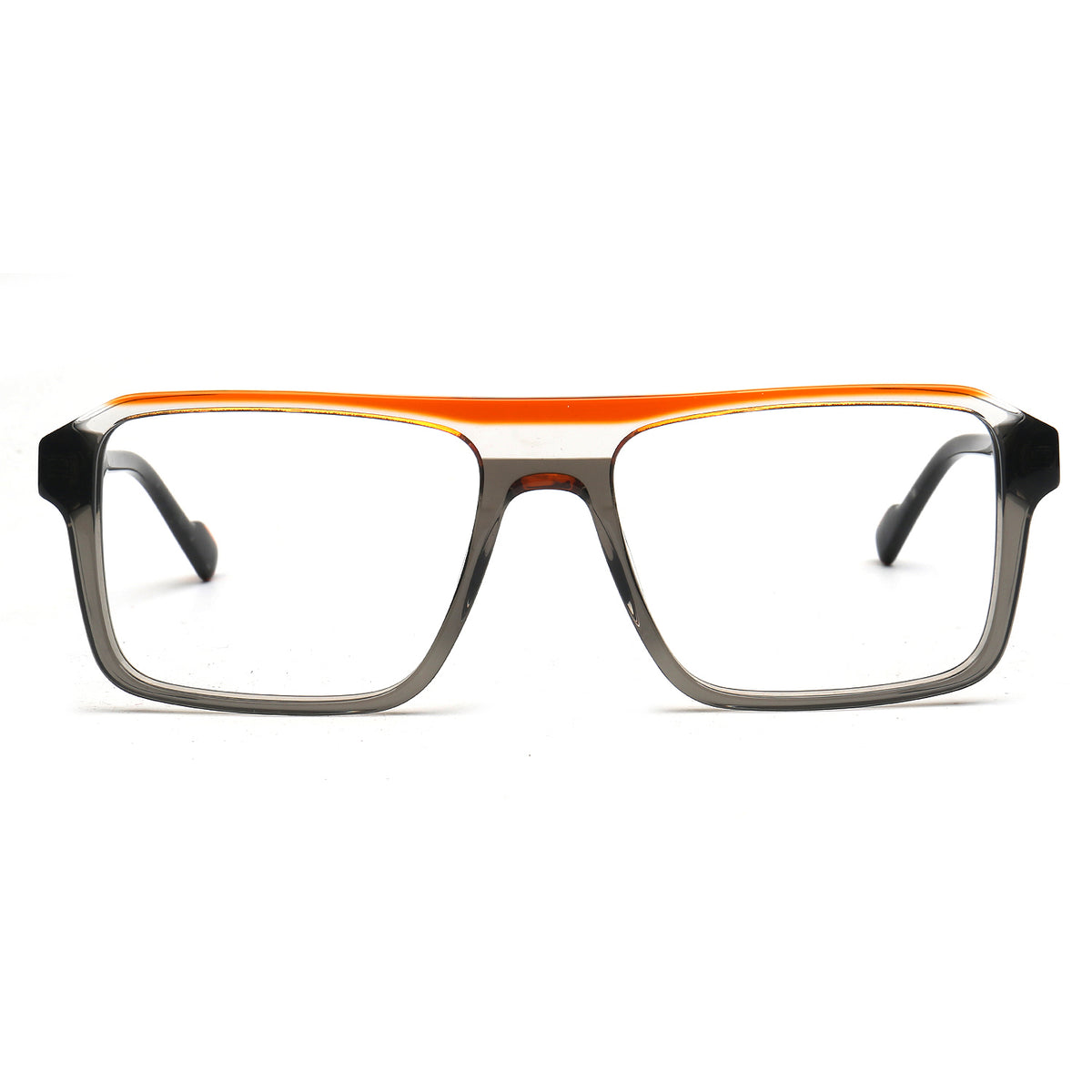 A pair of square-frame eyeglasses with a translucent dark gray acetate body, a vibrant orange top bridge bar, and black temple tips, shown against a plain white background.