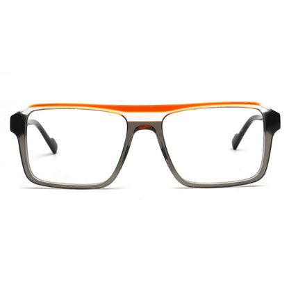 A pair of square-frame eyeglasses with a translucent dark gray acetate body, a vibrant orange top bridge bar, and black temple tips, shown against a plain white background.