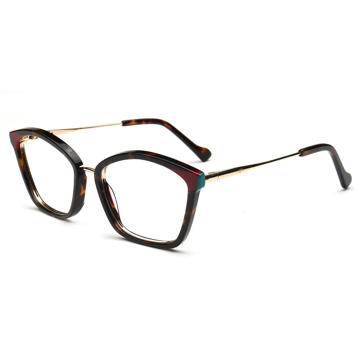 Elodie tortoise wine and teal cat eye acetate and metal eyeglasses, three-quarter view
