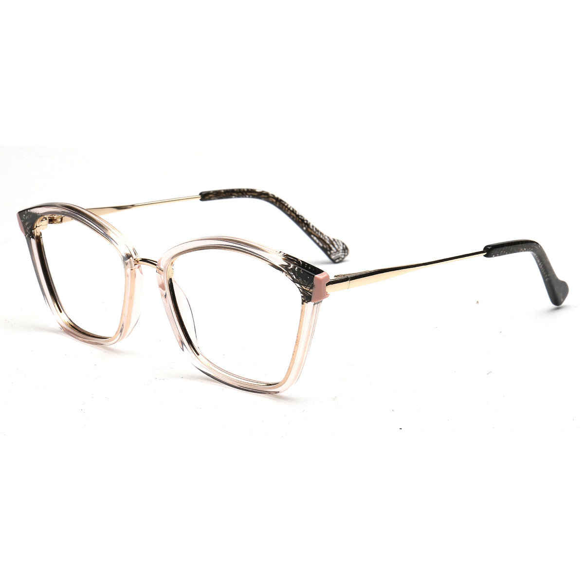 Elodie clear pink and black cat eye acetate and metal eyeglasses, three-quarter view