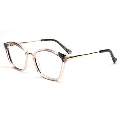 Elodie clear pink and black cat eye acetate and metal eyeglasses, three-quarter view