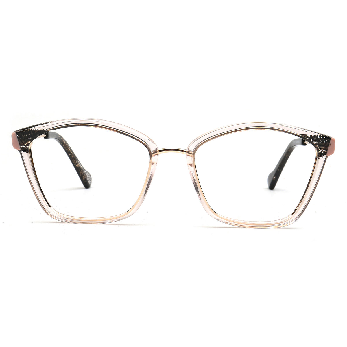 Elodie clear pink and black cat eye acetate and metal eyeglasses, front view