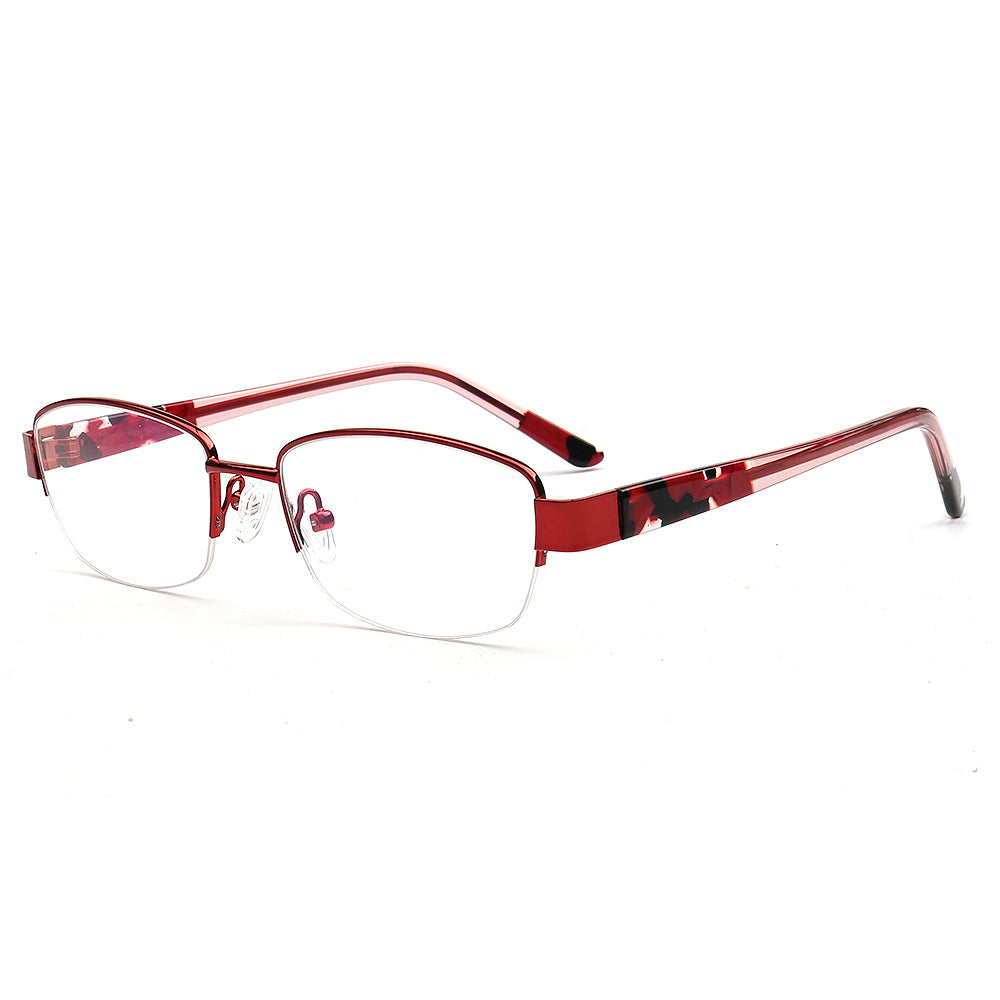red metal half rim eyewear tortoise