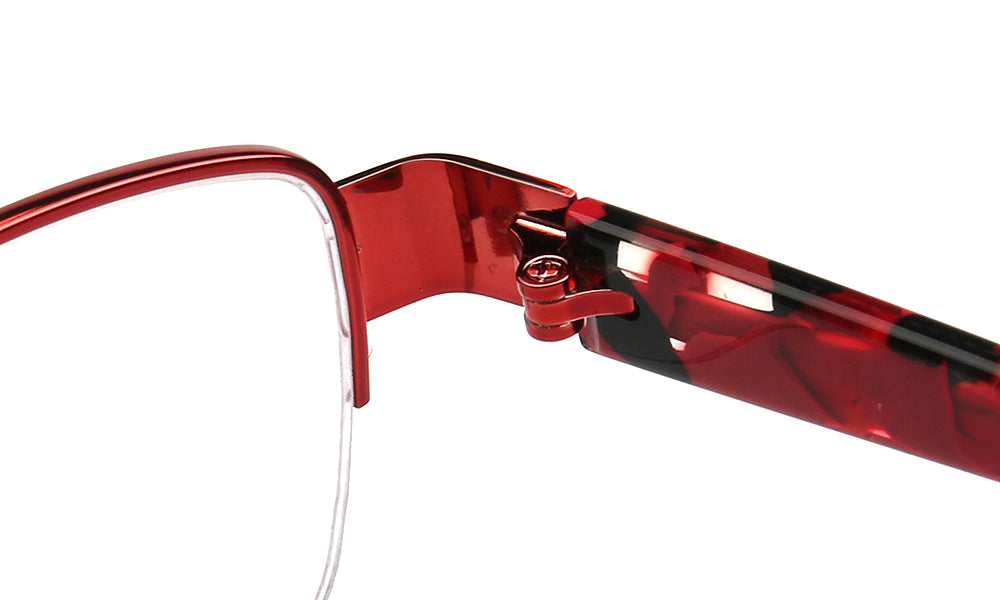 hinges of red half rim glasses frames