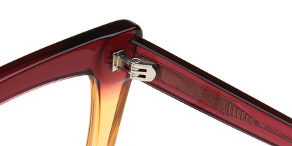 Close-up of the hinges in red eyeglass frame 