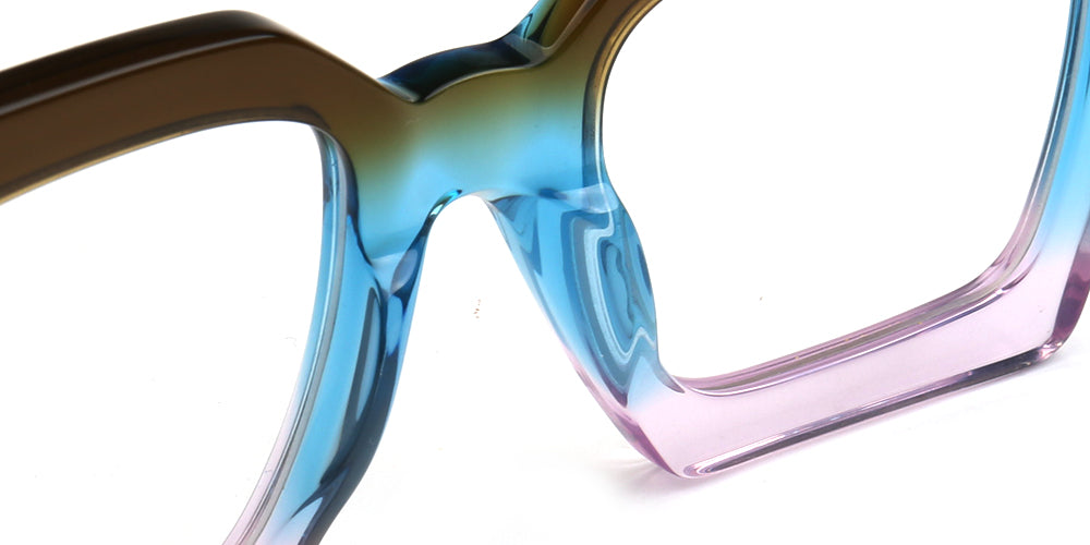 Close-up of a colorful eyeglass frame with gradient colors on a white background