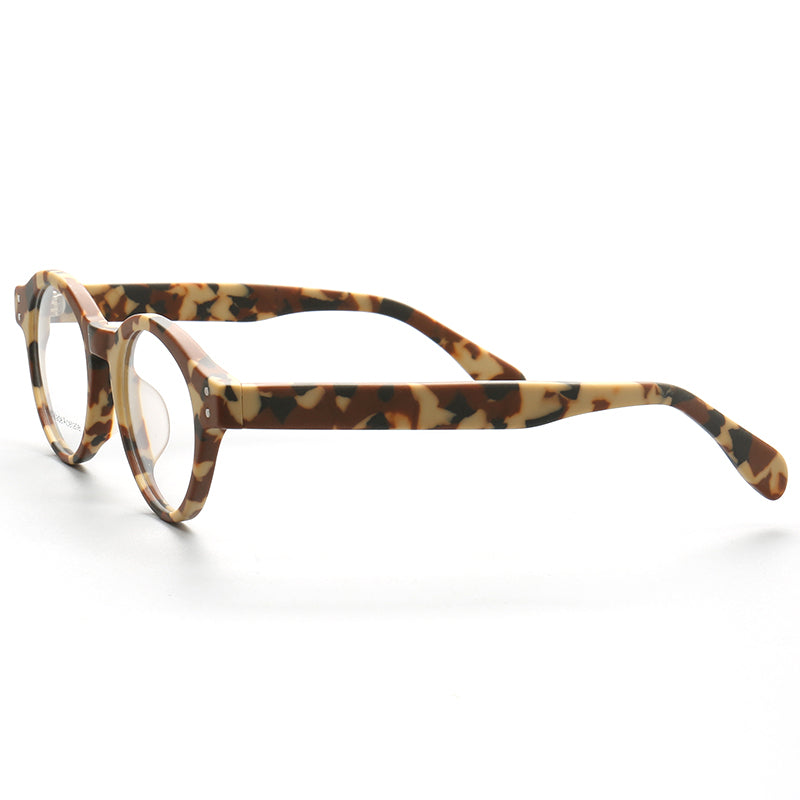 Side view of brown camo patterned acetate glasses frames