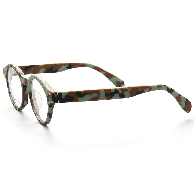 Side view of round camo patterned acetate glasses