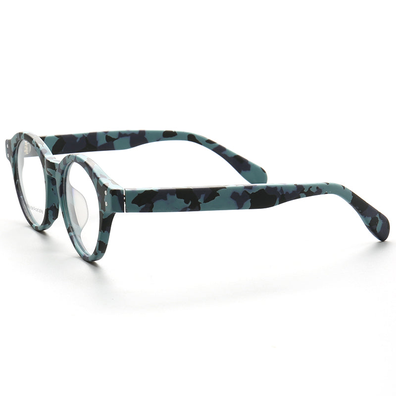 Side view of round blue camo patterned glasses frames