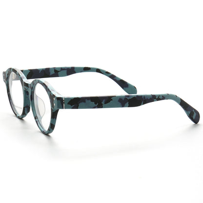 Side view of round blue camo patterned glasses frames