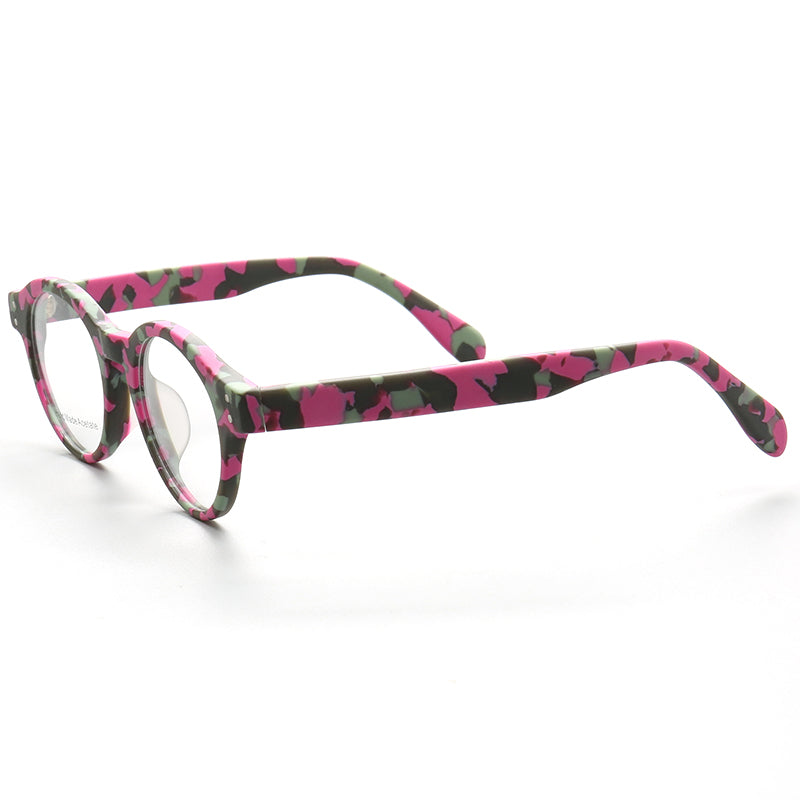Side view of round pink camo patterned eyeglass frames