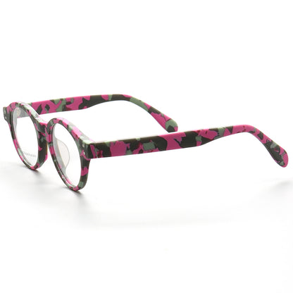 Side view of round pink camo patterned eyeglass frames