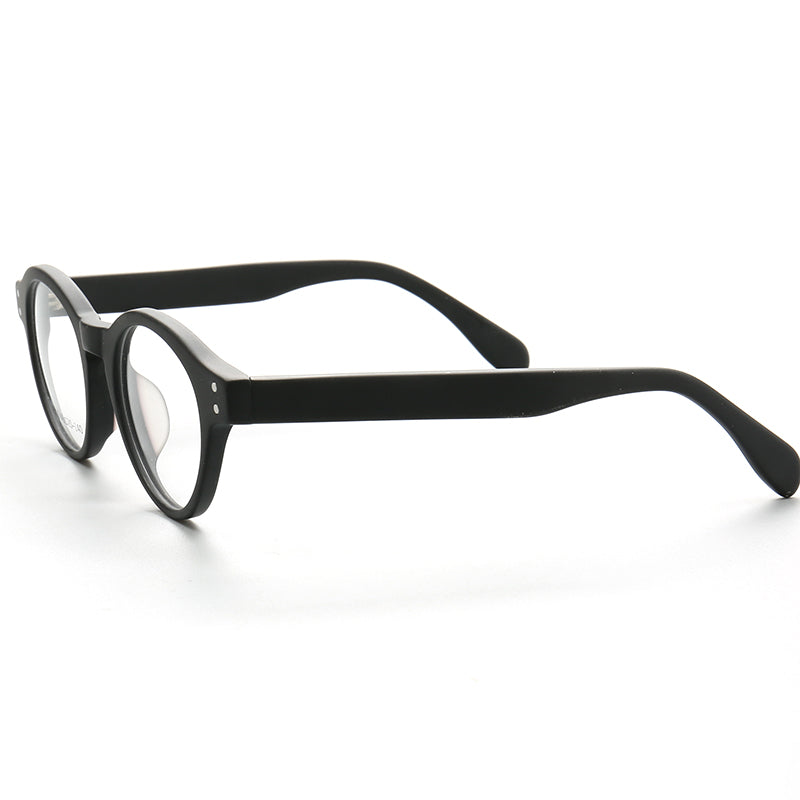 Side view of round full rim black eyeglass frames