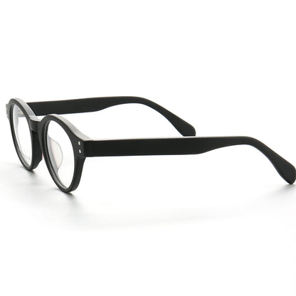 Side view of round full rim black eyeglass frames