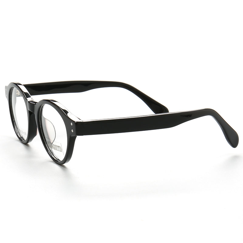 Side view of glossy black round eyeglass frames