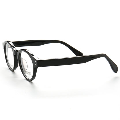 Side view of glossy black round eyeglass frames