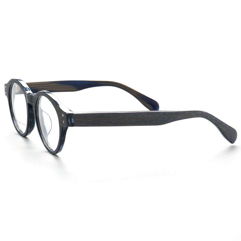 Side view of blue and grey round acetate eyeglass frames