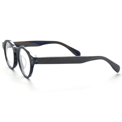 Side view of blue and grey round acetate eyeglass frames