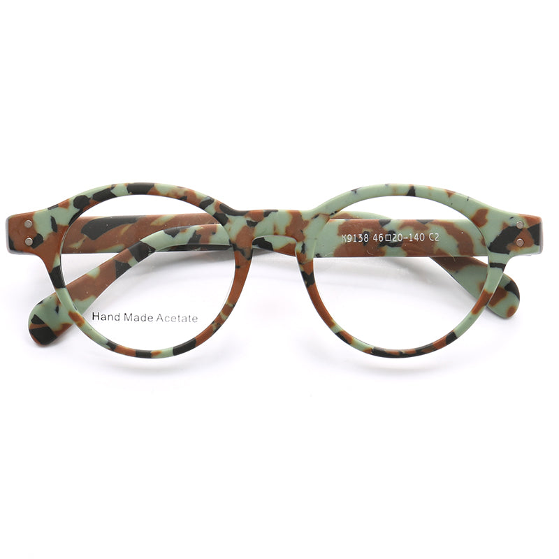 A pair of round camo patterned acetate glasses