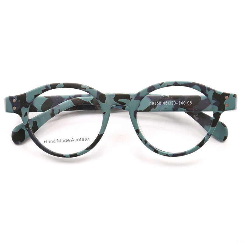 A pair of blue camo patterned acetate glasses