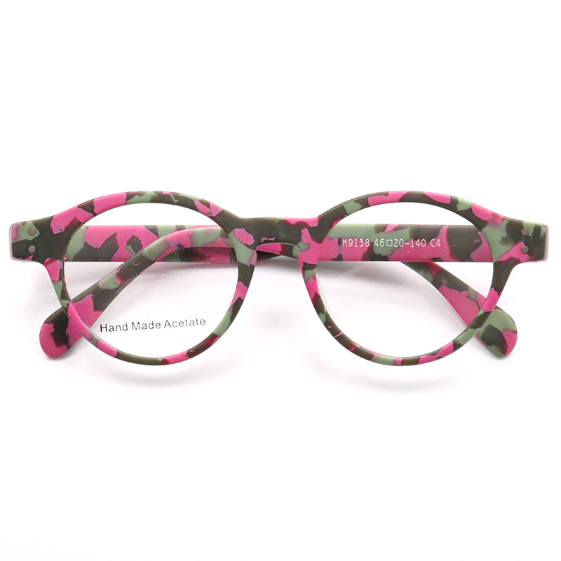 Round pink camo patterned eyeglass frames