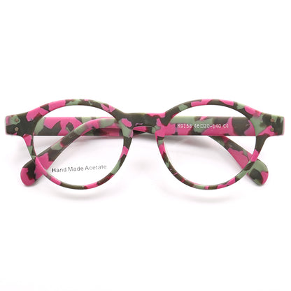Round pink camo patterned eyeglass frames