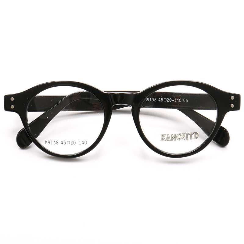 A pair of glossy black round eyeglasses