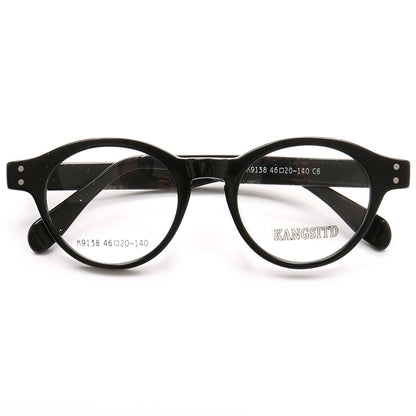 A pair of glossy black round eyeglasses
