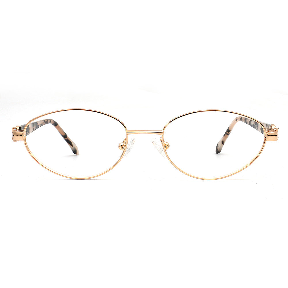 Oval Gold-framed glasses frames with tortoiseshell accents on a white background