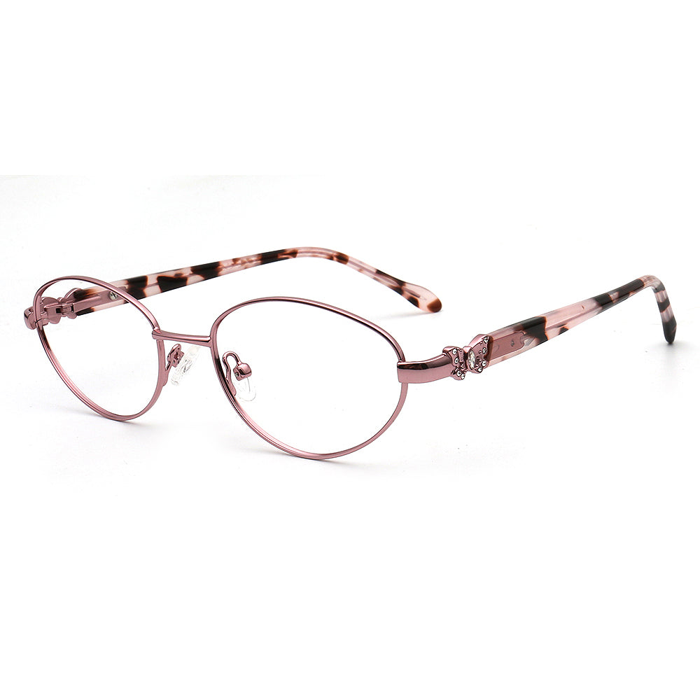 Pink Oval eyewear frames with a decorative butterfly temple on a white background