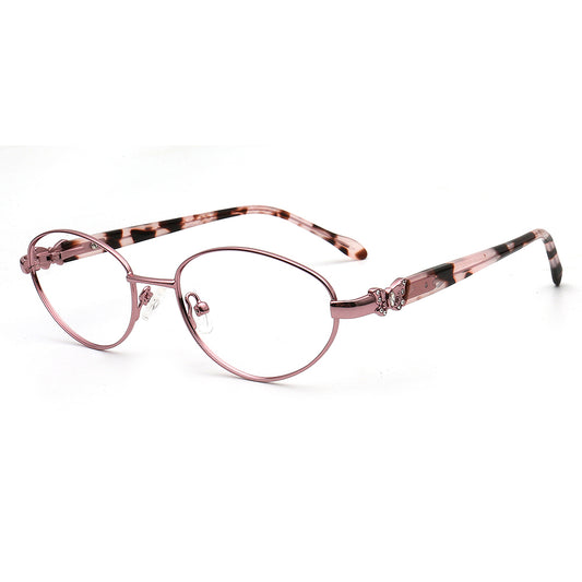 Pink Oval eyewear frames with a decorative butterfly temple on a white background